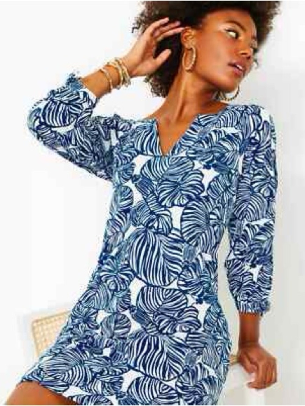 Lilly Pulitzer Cath Dress Blue White Tropical Print 3/4 Sleeve XS